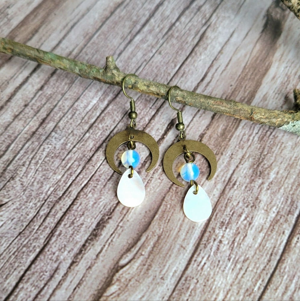 Crescent Moon And Opal With Mother Of Pearl Shell Earrings